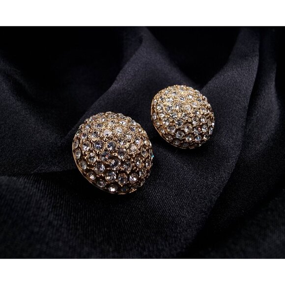 Vintage 1980s CAROLEE Signed Crystal Rhinestone Dome Earrings Gold-Tone - Picture 5 of 6